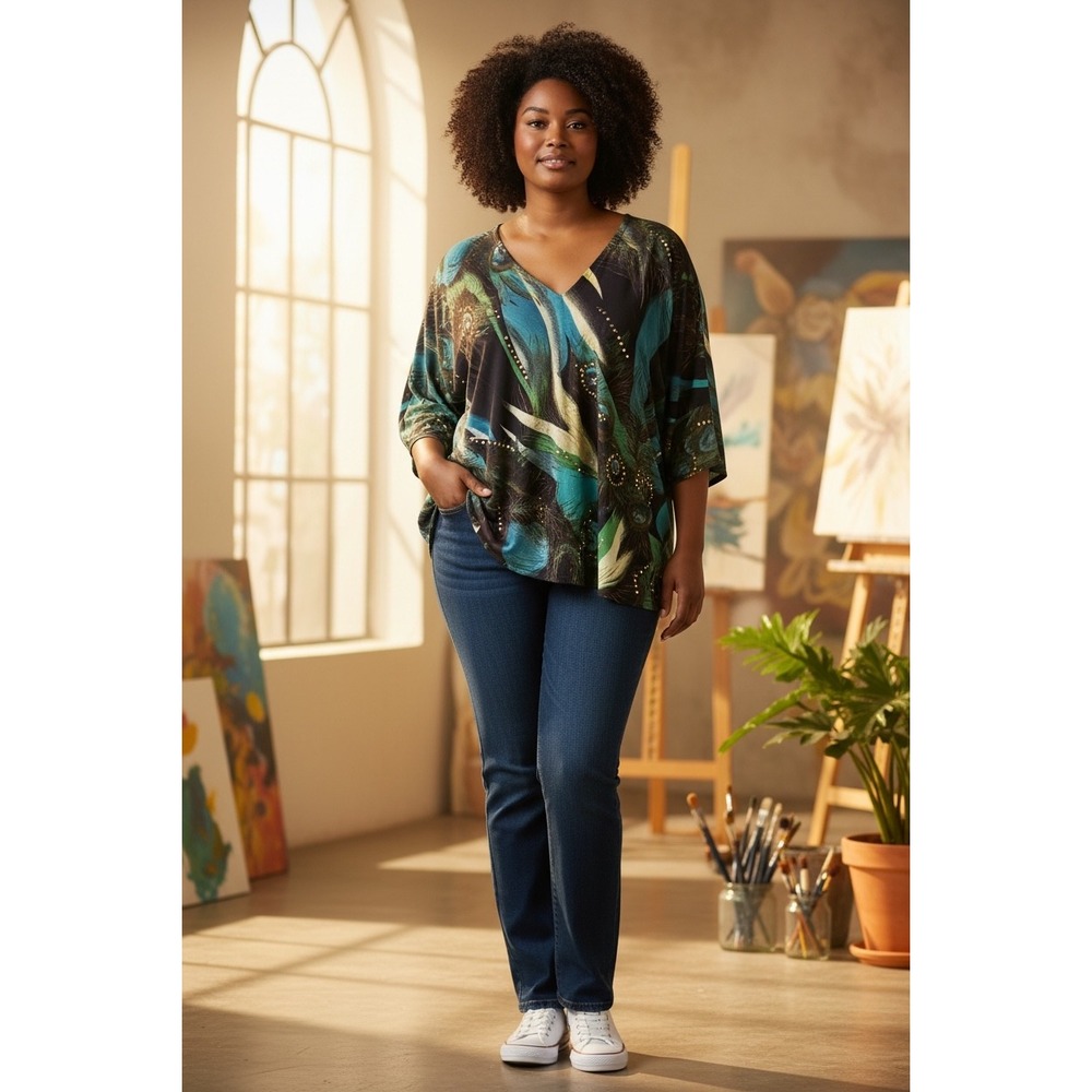 JMB Signature Peacock Print Tunic‎ A-Line Handkerchief Gold Bead Embellishment